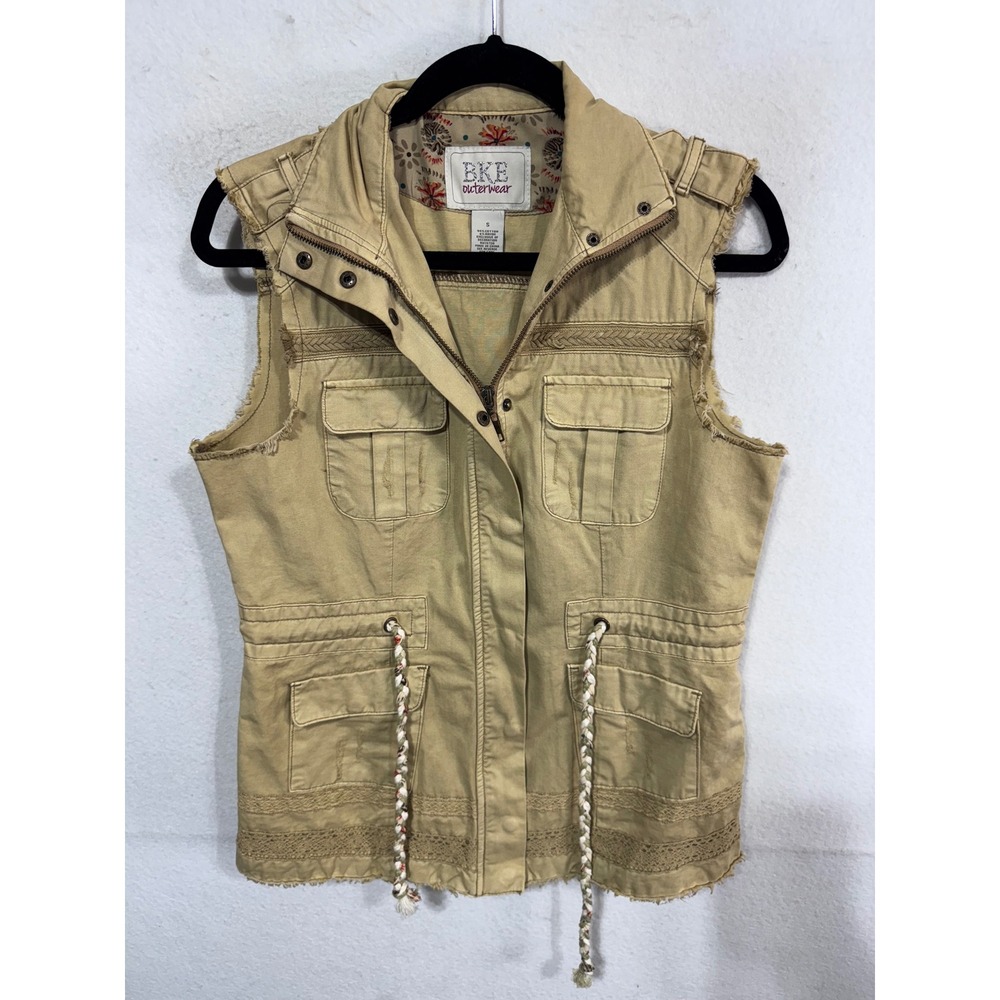 Buckle BKE‎ Women's S Tan Vest Utility Cargo Boho Distressed Outerwear Vest